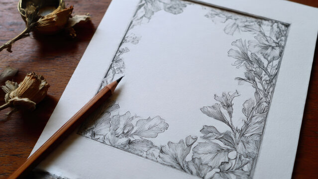 A detailed botanical border drawing on white paper, accompanied by a pencil and dried flora. Evokes artistic creativity and nature's delicate beauty.