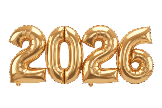 Golden foil balloons spelling out the year 2026, perfect for New Year celebrations, anniversaries, or future-themed designs. background removed