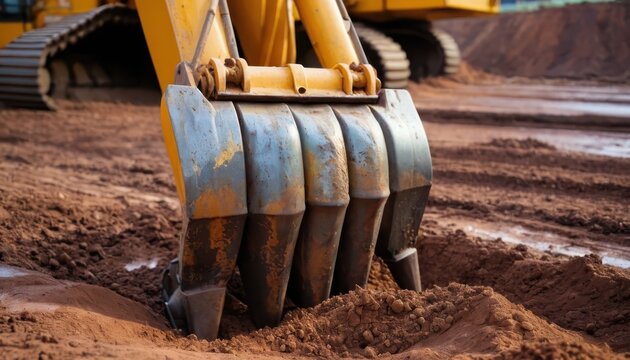 Close-up of powerful excavator bucket moving soil - Powered by Adobe