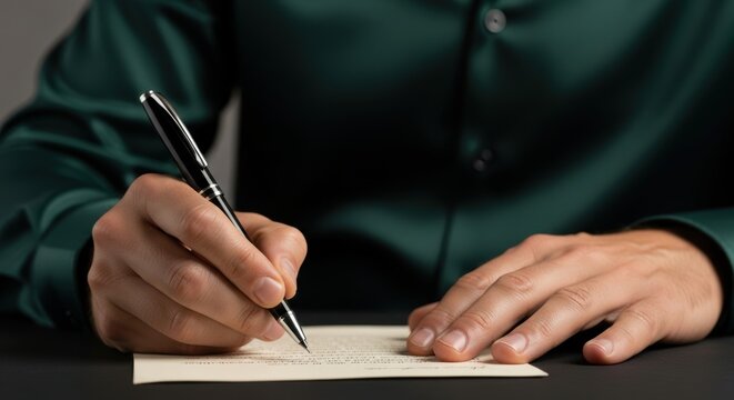 A man in a green shirt writes on a beige piece of paper with a black pen signing documents and writing letters