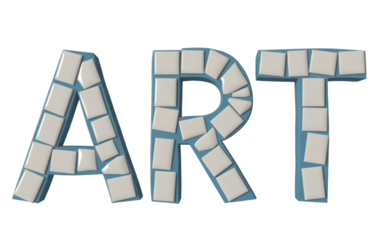 The word 'ART' is creatively spelled out using a mosaic of glossy white rectangular and irregularly shaped tiles set into a vibrant blue base. background removed