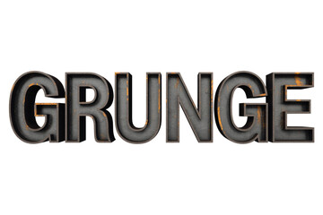 3D rendered 'GRUNGE' text with a distressed, rusty metal texture and weathered black iron appearance, perfect for bold, industrial designs. background removed
