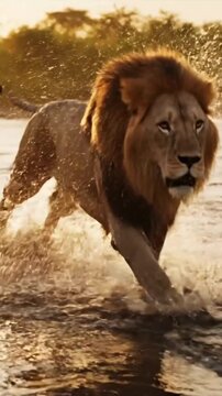 Majestic Male Lion Running Through Dusty Savanna at Sunset