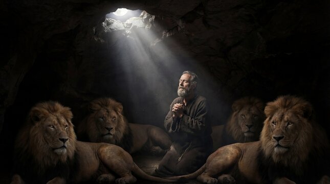 lluminated by a single moonbeam, Daniel prays peacefully in a dark den, surrounded by calm and watchful lions in a cinematic scene.
