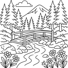 Fototapeta premium Tranquil Forest Scene: An artistic illustration of a wooden bridge gracefully spanning a gentle stream, surrounded by lush trees, blooming flowers and a majestic mountain, creating a peaceful scene.