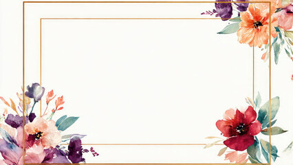 A beautiful watercolor floral frame featuring vibrant blooms in purple, orange, and red with elegant gold lines, perfect for invitations or announcements.
