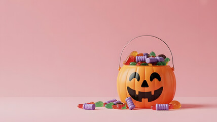 Pumpkin candy bucket filled with colorful candies a festive Halloween treat isolated on pink background