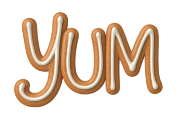 The word 'YUM' crafted from delicious-looking gingerbread cookies, outlined with white icing, evoking a sweet, festive, and delectable treat. Great for food designs. background removed