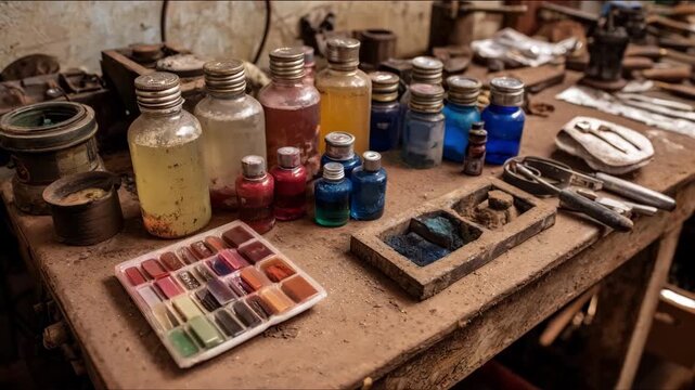 Medium shot of a workshop setting with tools and materials used for managing oxidation layers emphasizing different methods for surface treatment.