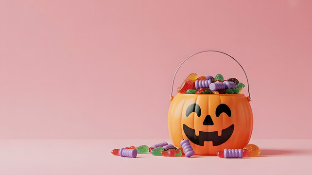 Pumpkin candy bucket filled with colorful candies a festive Halloween treat isolated on pink background