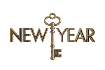 Vintage golden key symbolizing unlocking the New Year, with metallic 'NEW YEAR' text representing new opportunities and fresh starts. background removed