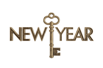 Vintage golden key symbolizing unlocking the New Year, with metallic 'NEW YEAR' text representing new opportunities and fresh starts. background removed