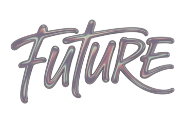 Glossy, iridescent metallic 3D 'FUTURE' text with fluid shapes and shifting purple-pink reflections on a transparent background. background removed