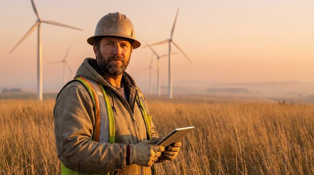 Professional male wind turbine technician portrait in field at golden hour