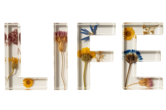 The word LIFE is artfully spelled using clear resin letters, each embedding vibrant pressed and dried flowers against a solid transparent background. background removed