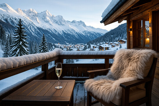Cozy winter cabin balcony with a fur-covered chair, wooden table and a glass of champagne overlooking snowy mountains and a village at sunset. Warm lights and peaceful alpine atmosphere.