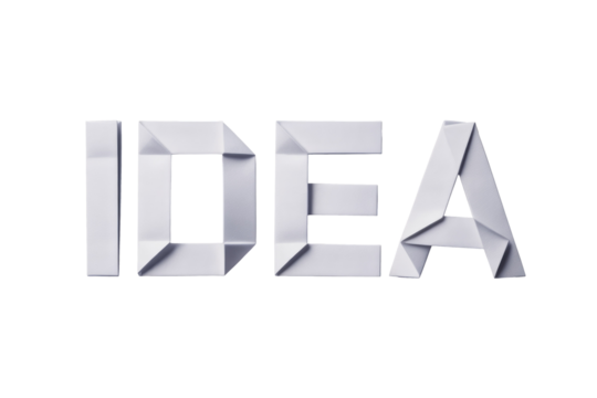 The word 'IDEA' is creatively formed using folded white geometric shapes, resembling origami, against a solid dark transparent background, symbolizing new concepts. background removed