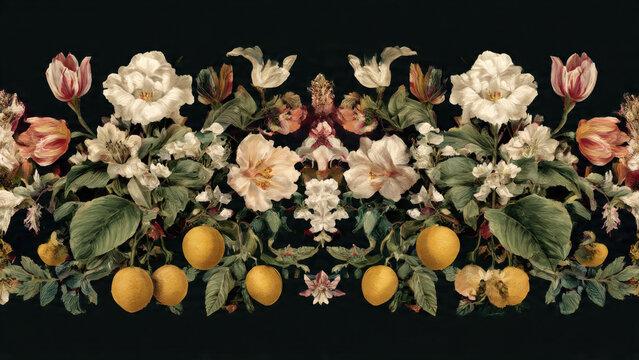 Rich, dark botanical illustration featuring vibrant flowers and ripe lemons symmetrically arranged against a deep, moody background.