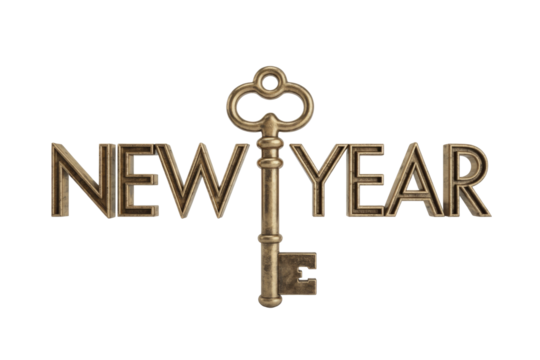 Vintage golden key symbolizing unlocking the New Year, with metallic 'NEW YEAR' text representing new opportunities and fresh starts. background removed
