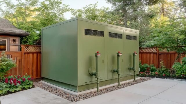 Medium shot of a green noise enclosure around outdoor HVAC units showcasing sound containment techniques for quieter residential areas.