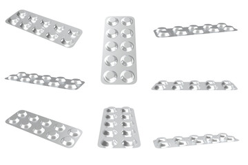 A set of multiple 3D-rendered empty silver metallic blister packs for pills or capsules shown from various angles, ready for product design mockup and isolation