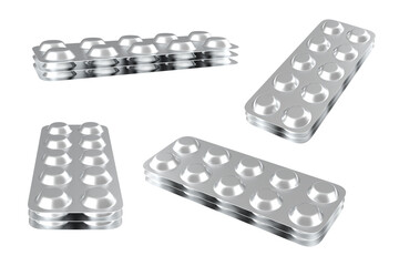 A set of multiple 3D-rendered empty silver metallic blister packs for pills or capsules shown from various angles, ready for product design mockup and isolation