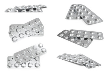A set of multiple 3D-rendered empty silver metallic blister packs for pills or capsules shown from various angles, ready for product design mockup and isolation