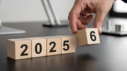 Hand placing a '6' block completes '2026' from '2025', symbolizing future vision, strategic planning, and new beginnings for the upcoming year, focused on growth