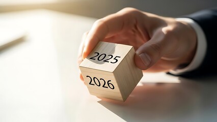 Future Planning A Hand Holding a Wooden Cube with the Years 2025 and 2026