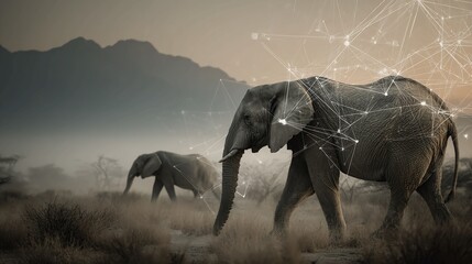 Two elephants walking in the African savanna connection concept wildlife conservation illustration