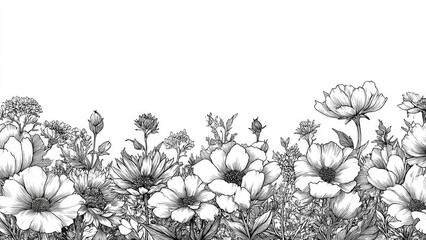 Detailed black and white line art depicting a vibrant field of various flowers and botanical elements, creating a graceful natural border.