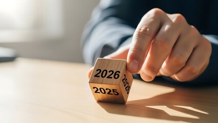 Hand turning a wooden cube from 2025 to 2026, symbolizing the transition to a new year