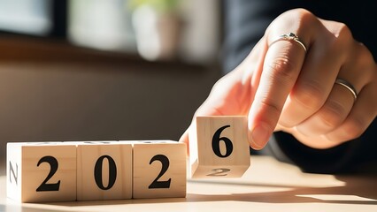 Flipping the number 6 on wooden blocks, marking the transition from 2025 to 2026 with a focused hand