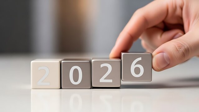 Dynamic Transition to 2026 A Hand Expertly Arranges Numeric Blocks, Symbolizing Swift Progress and Meticulous Planning for Future Opportunities and Growth