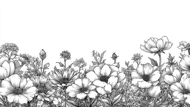 Detailed black and white line art depicting a vibrant field of various flowers and botanical elements, creating a graceful natural border. - Powered by Adobe