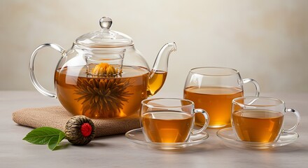 Glass teapot with blooming tea flower and cups of amber tea image