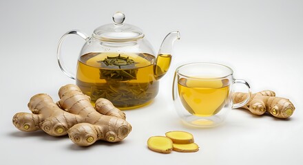 Glass teapot and cup filled with golden ginger tea and fresh ginger roots herbal tea hot drink