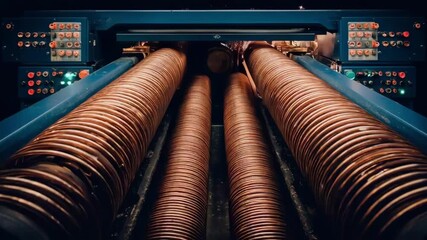 Synchronized machines work in harmony to create copper coils with consistent spacing and tension highlighting efficient coordinated manufacturing processes.