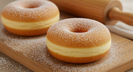 Two powdered sugar donuts on a wooden board with a rolling pin doughnuts confectioner's sugar