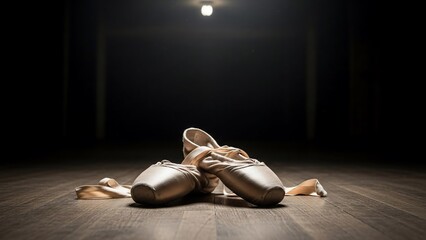 A pair of elegant ballet pointe shoes with ribbons untied, resting on a dark wooden stage floor under a single spotlight.