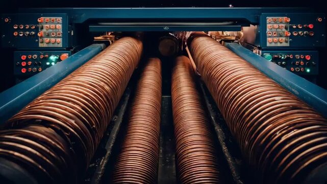 Synchronized machines work in harmony to create copper coils with consistent spacing and tension highlighting efficient coordinated manufacturing processes.