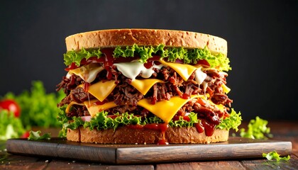 Large sandwich with cheese and meat on a wooden board