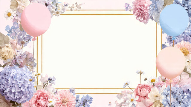 A beautiful pastel floral frame with a golden border, featuring pink, blue, and cream flowers (hydrangeas, peonies, daisies) and balloons, perfect for invitations.