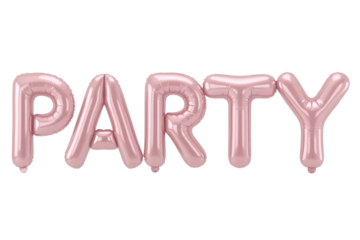 Pink metallic foil balloons spell out 'PARTY' against a plain background, perfect for celebrations, birthdays, and festive decorations. background removed