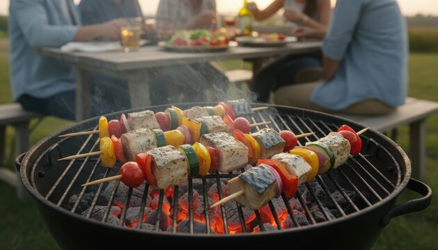 Sizzling skewers on a charcoal grill evoke the warmth of a summer gathering. people gathering around an outdoor barbecue pit.