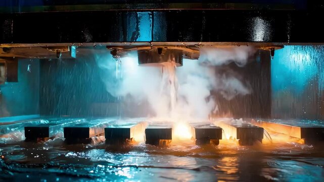 Metal pieces undergoing quenching in a hightemperature tank capturing the rapid cooling technique used to enhance hardness after stamping.