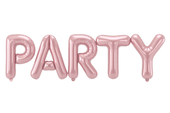 Pink metallic foil balloons spell out 'PARTY' against a plain background, perfect for celebrations, birthdays, and festive decorations. background removed
