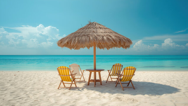 Four chairs and a small table arranged beneath a straw sun umbrella on a sandy beach, overlooking a calm turquoise sea under a clear blue sky
