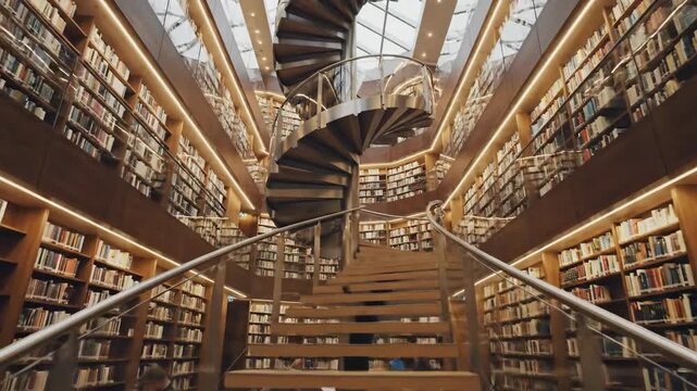 Spacious grand library interior with spiral staircase and book shelves