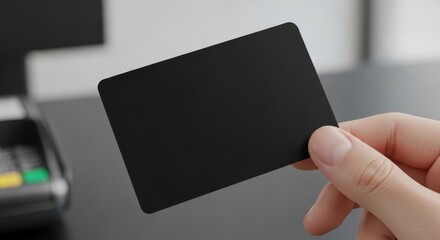 Person holds blank black rectangular card near electronic payment terminal
